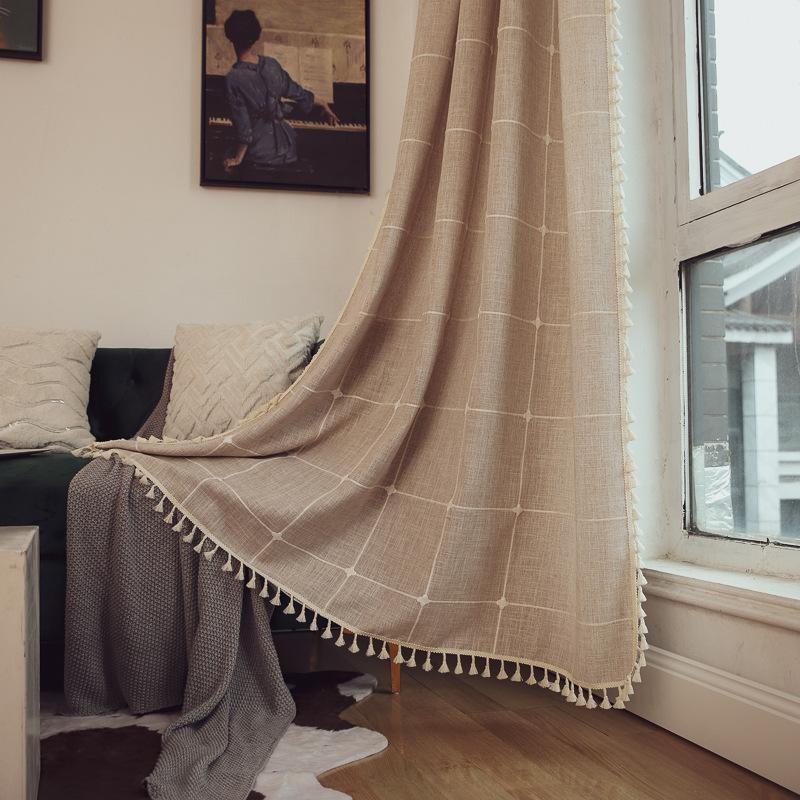 Grey Curtain Finished Product Embroidery Cotton And Linen Solid Color Plaid Coffee Insulation Living Room Kitchen Set Rod Partition Curtain