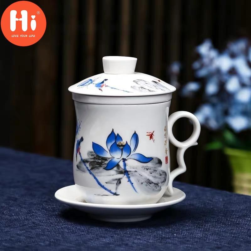 Hi Blue and White Porcelain Office Teacups with Lid Filter Creative Ceramic Hand-Painted Water Cups Household Drinkware Gifts