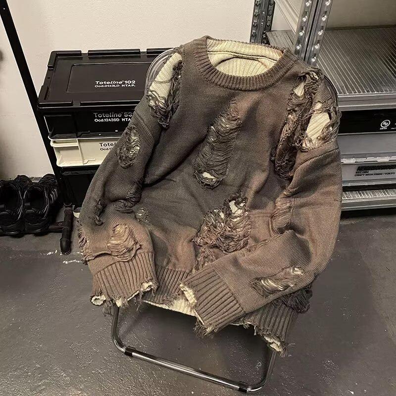 Унисекс Оверсайз Рваный Трикотаж - Европейский и Американский Стиль, Ленивая Осенне-Зимняя Мода Medium