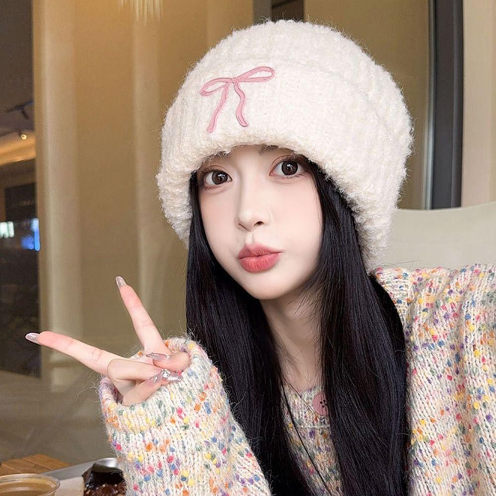 Wool Hat Bow Knitted Hat Solid Color Knit Beanie Sweet Crochet Basin Cap  Outdoor