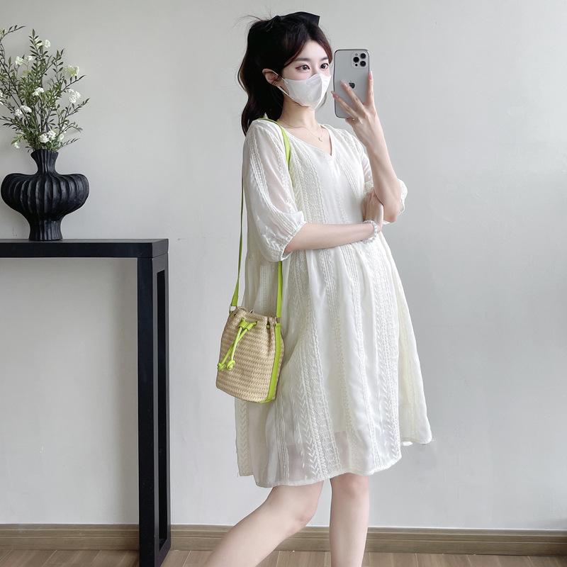 2026 Summer Lace Embroidery V-Neck Plus Size Maternity Dress M