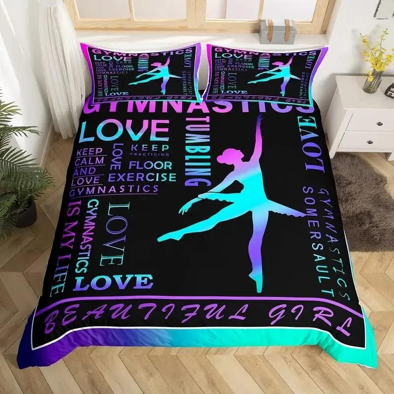Neon Pink Gymnastics Ballet Dance Bedding Set, Love Gymnastics Theme Duvet Cover Set Polyester Quilt Cover