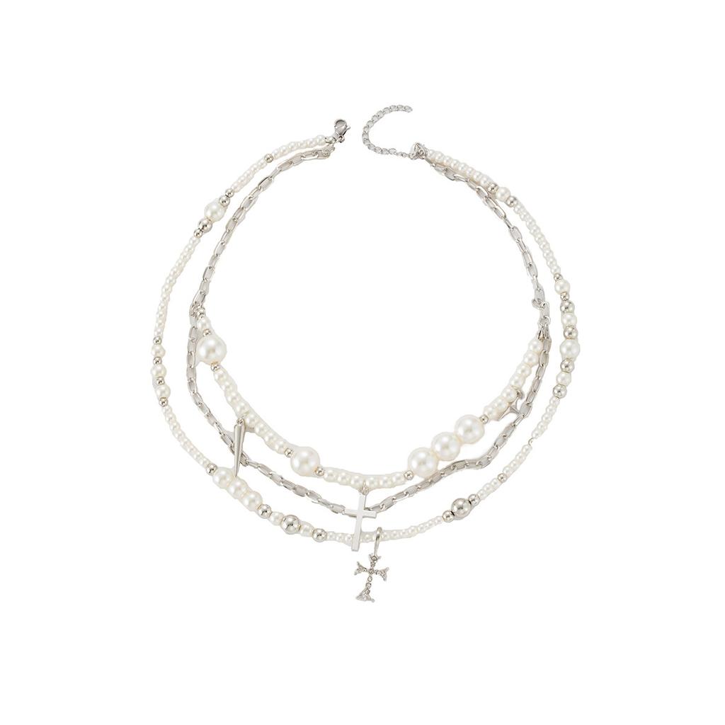 French Light Luxury Sweet Necklace Multi-Layer Pearl Cross Beaded Neck Chain Girlish Temperament High-End Necklace