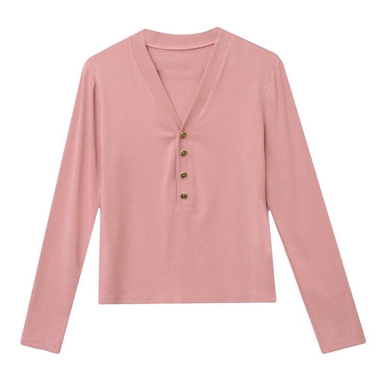 Sexy V-neck Button Long-sleeved T-shirt for Women's Winter New Fashionable and Versatile Base Shirt Slim Body