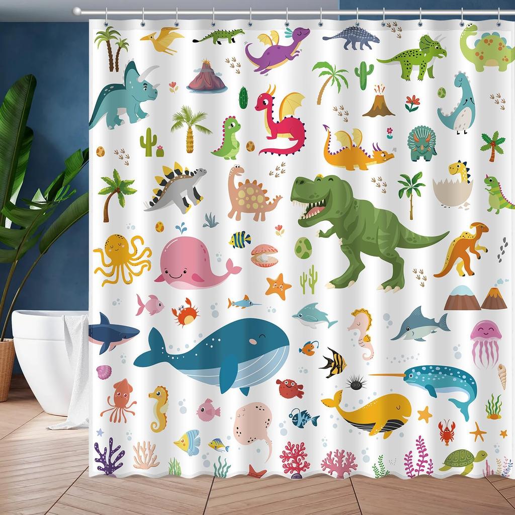 Kids Bathroom Ocean Shower Curtain, Funny Cartoon Dinosaur and Undersea Whale Shower Curtain Set with 12 Hooks, Home Decor