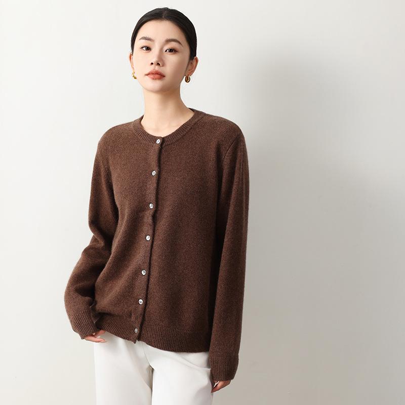 Yak Wool Women's Round Neck Cardigan - 2026 Autumn/Winter Solid Color Single-Breasted Sweater, Elegant Style