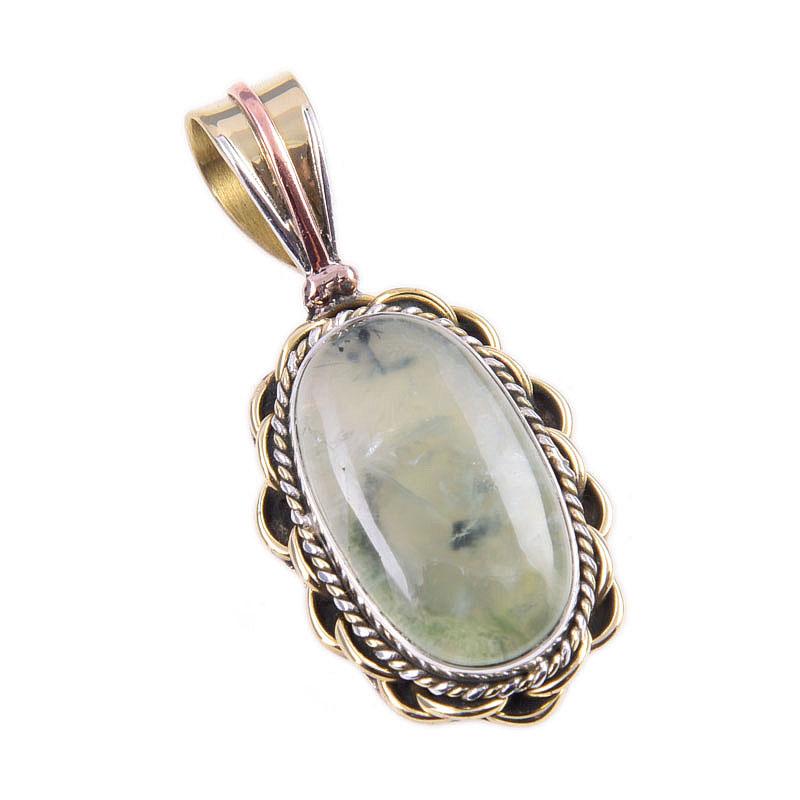 Natürlicher Prehnit Edelstein 925 Massiv Sterling Silber Zweifarbig Anhänger 1.50'' A7g12