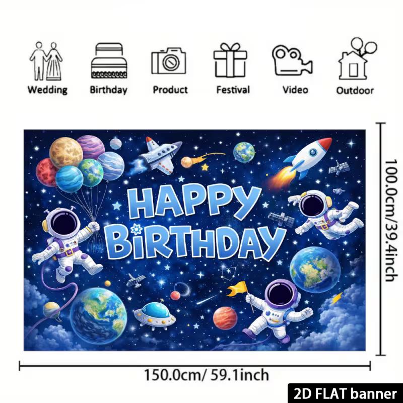 Outer Space Happy Birthday Backdrop, Astronauts and Planets for Kids Space Themed Birthday Party