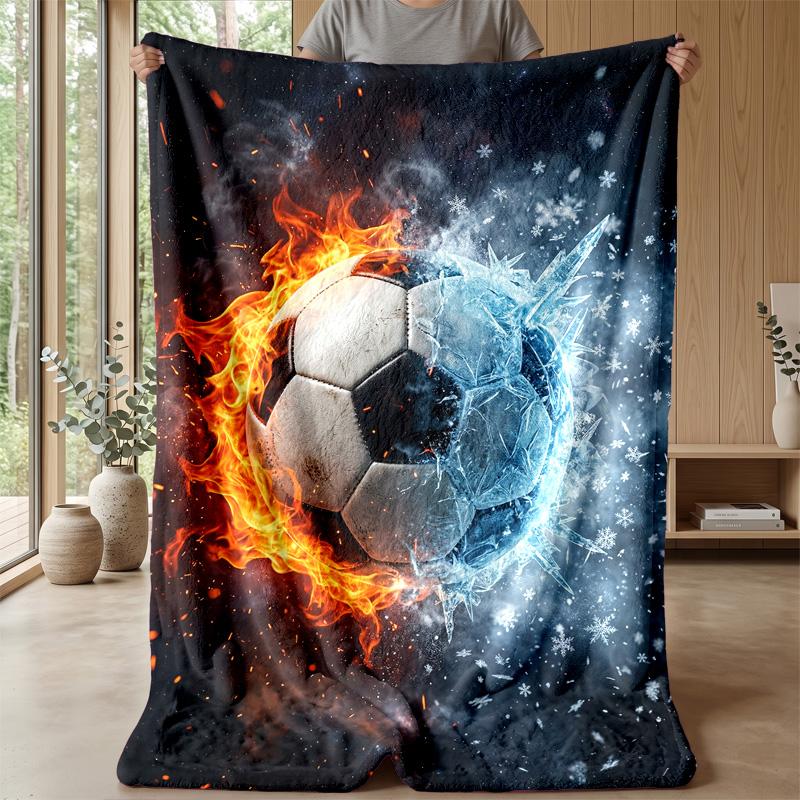 Fire and Ice Soccer Ball Theme Blanket Lightweight Warm Flannel Blanket Decorative Throw Blanket for Home Decoration
