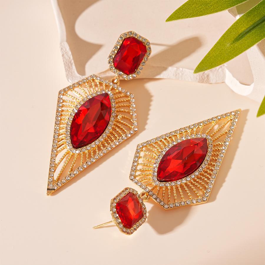Retro Angkor Red Rhinestone Silver Geometric Earrings - Light Luxury High-End for Women