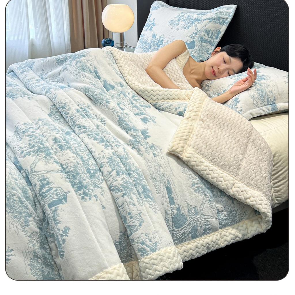 Winter Milk Flannel Blanket 3-piece Set Thickened Quilted Warm Office Nap Blankets Single Double Soft Plush Comforter Pillowcase