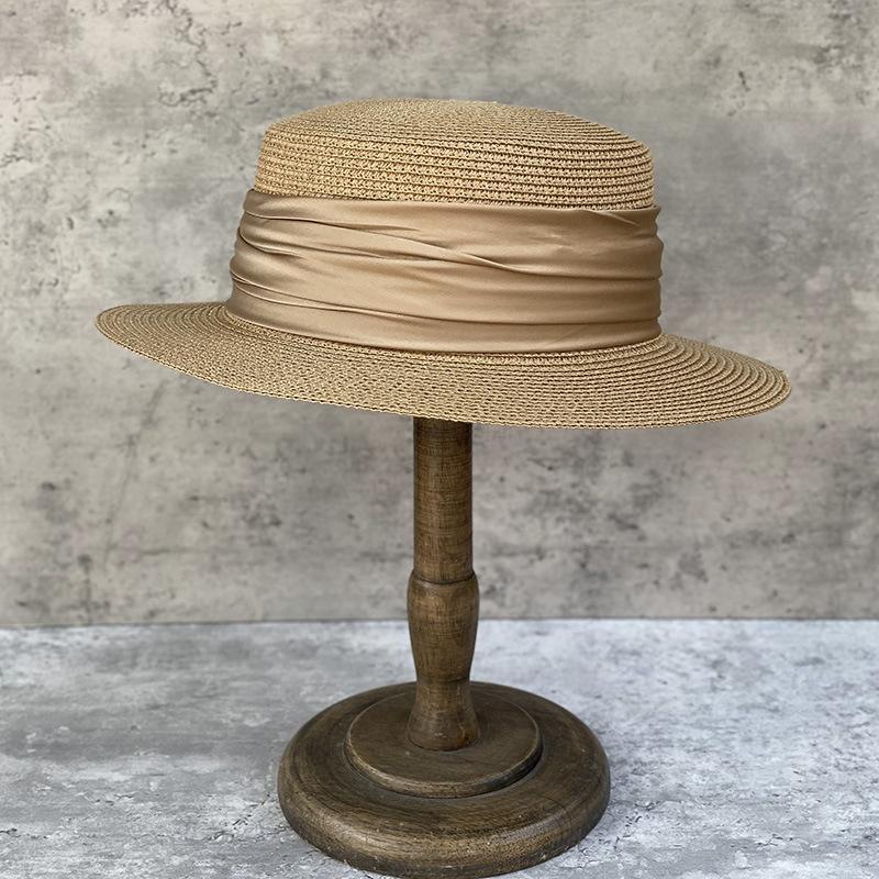 Temperament Promi Flacher Strohhut Japanischer Schlichter Zylinder Damen Sommer Britischer Retro Strandurlaub Sonnenschutz Sonnenhut