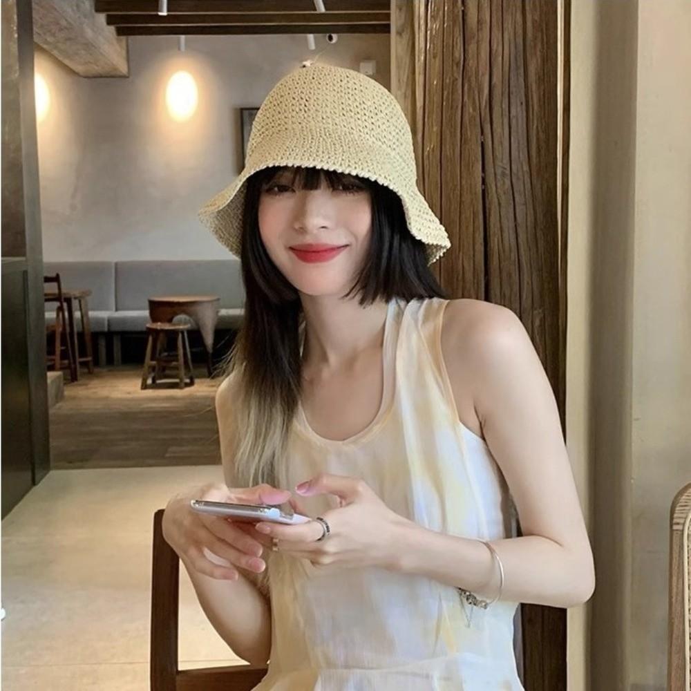 Fashion UV Protection Straw Bucket Hat Foldable Hand Weaving Outdoor Sunshade Cap Breathable Fisherman Hat for Women Beach