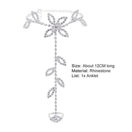 Adjustable Extended Chain Women Anklet Shining Rhinestone Leaves Foot Chain with Toe Ring Foot