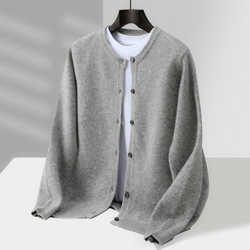 

Men s 100% Pure Wool Round Neck Cardigan - Thickened Knit Business Casual Sweater M