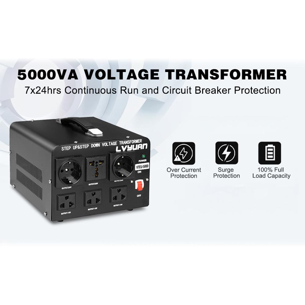 5000W Voltage Converter Transformer Step-Down 220V To 110V AC Power Converter with EU/UK Power Cord, Circuit Breaker Protection