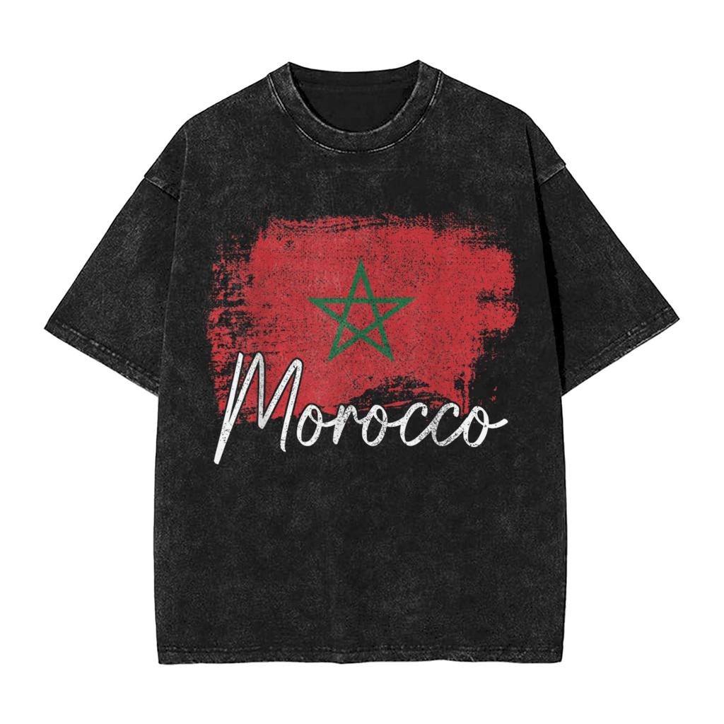 Morocco Flag Moroccan Washed T Shirts Streetwear Novelty TShirts Tees for Men Women Short Sleeve Harajuku Graphic Printed
