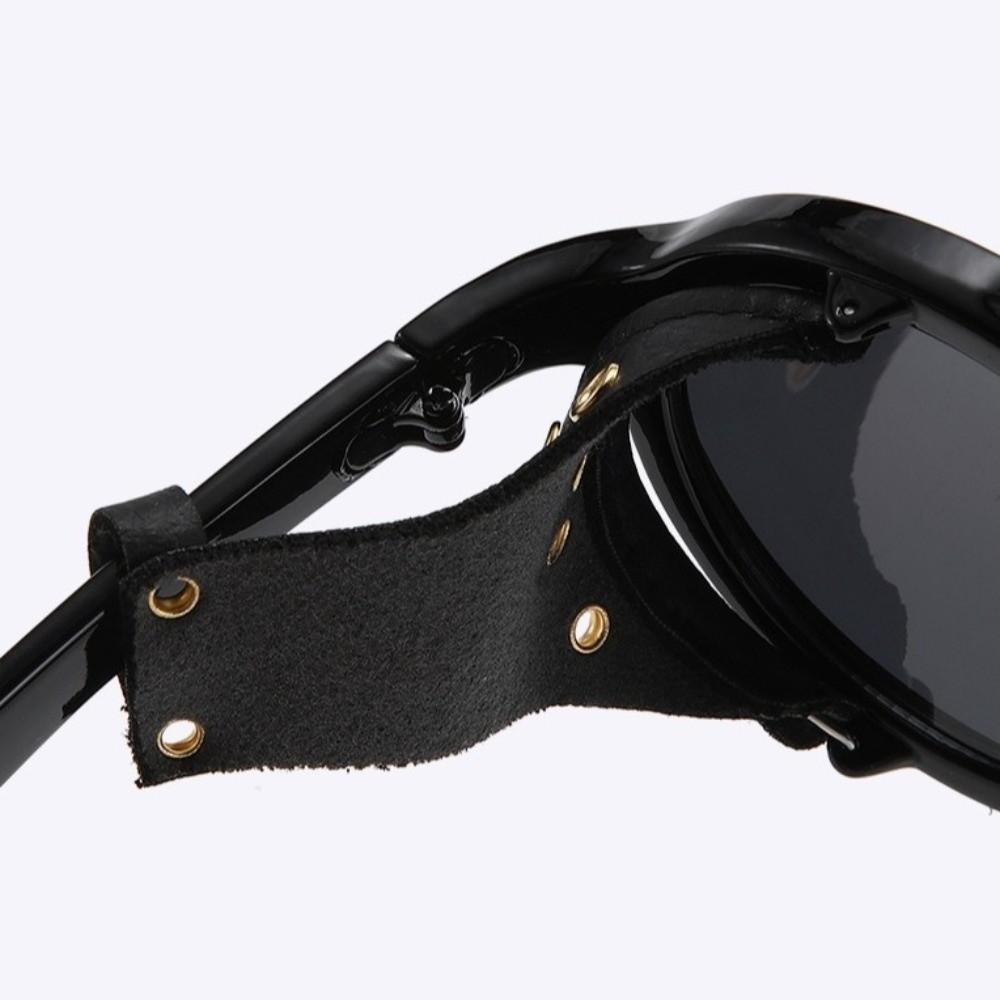 Leather Side Retro Round Glasses Anti Wind Circular Frame Steampunk Sunglasses Polarizing Night Vision Lightweight