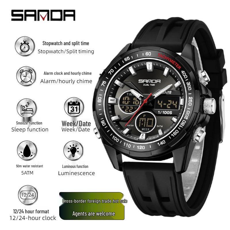 

Чоловічий спортивний годинник Sanda з подвійним дисплеєм, багатофункціональний, світловий: Особливості: тижневий таймер, функція відкладання, водонепроникність.