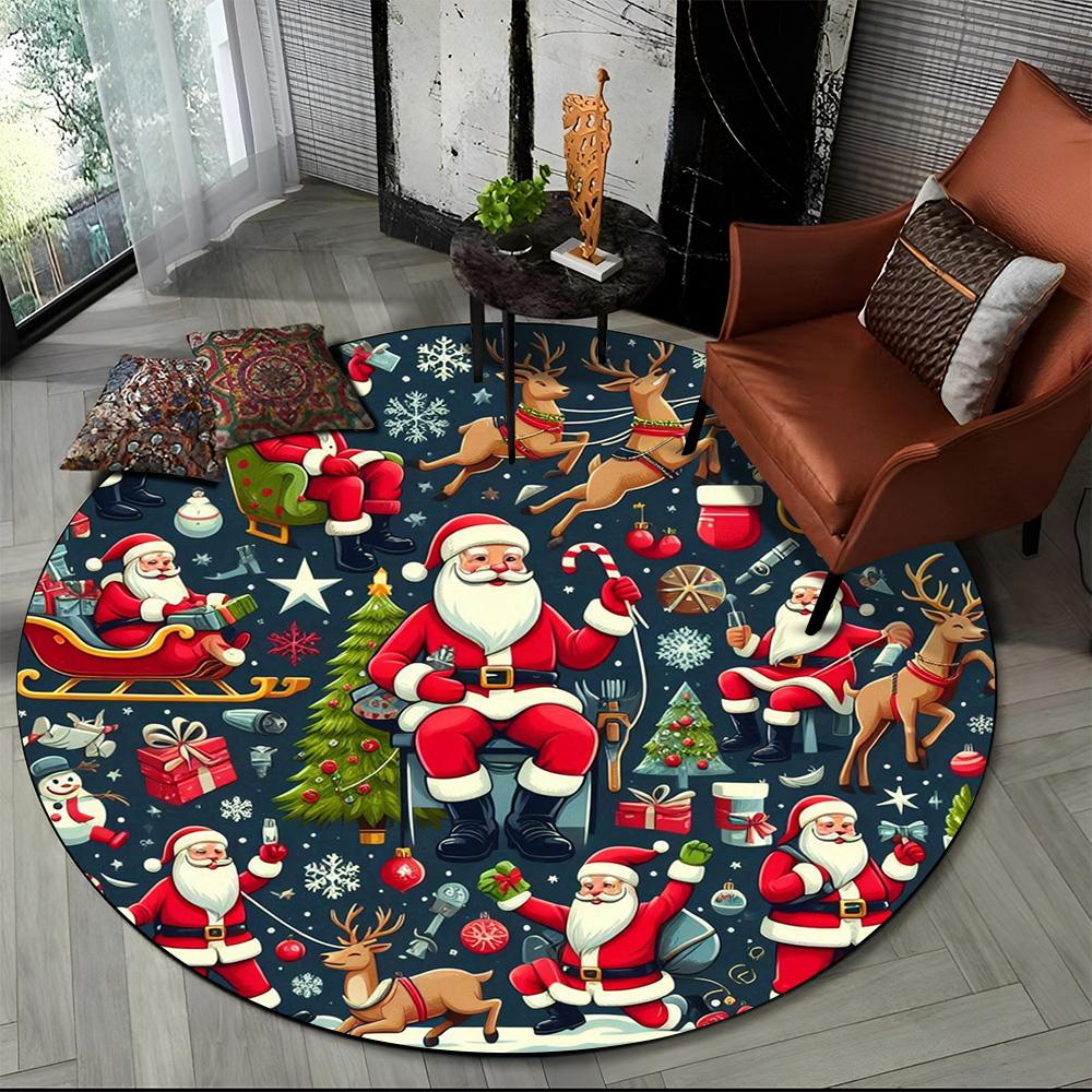 Cartoon Santa Claus Merry Christmas Snowman New Year Round Carpet Rug for Bedroom Living Room Sofa Decoration,Decor Floor Mat
