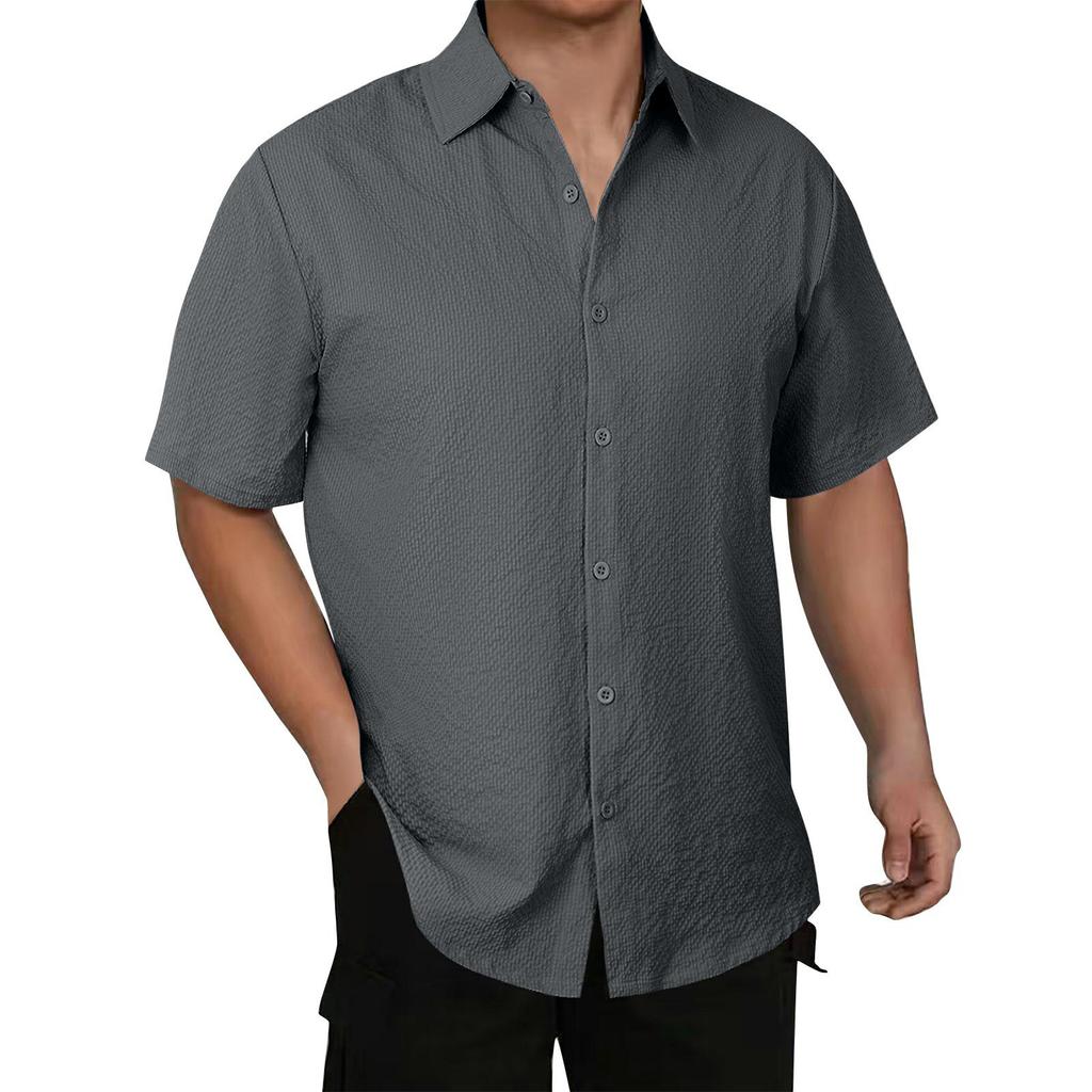 Men's Solid Color Ice Silk Fabric Loose Fit Casual Short Sleeve Shirt with Turn Down Collar Button Front Design