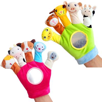 Niedliche Cartoon-Handschuhe, Tierplüsch, Sicherheitsspiegel, Fingerspielzeug, Kinder, pädagogisches Geschichtenerzählen, Handpuppe, gewinnt die Aufmerksamkeit des Babys