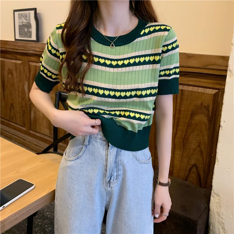 Heart Short-sleeved Knit Tops Women Summer Year Knit Shirt Short Burst T-shirt Tide Casual Summer Essential Comfort and Style Slim Fit Pullovers Tees
