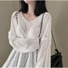 Fashion Thin Long Sleeved Knitted V-neck Women Shirt Loose Solid Color Hollow Out Blouse Casual Simple Covers Up Office Top Women Clothing