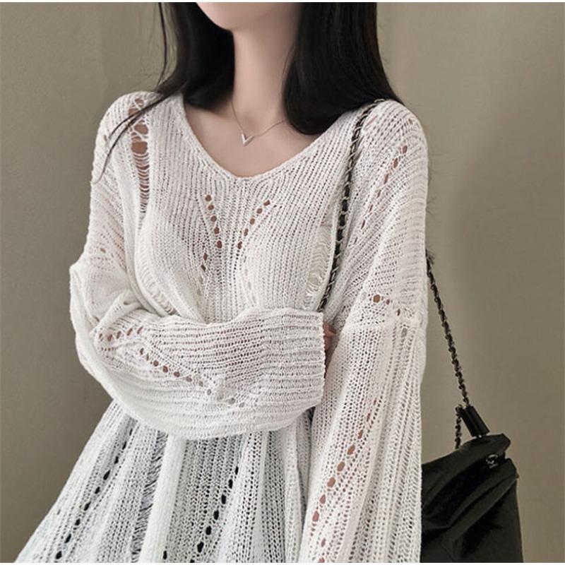 Fashion Thin Long Sleeved Knitted V-neck Women Shirt Loose Solid Color Hollow Out Blouse Casual Simple Covers Up Office Top Women Clothing