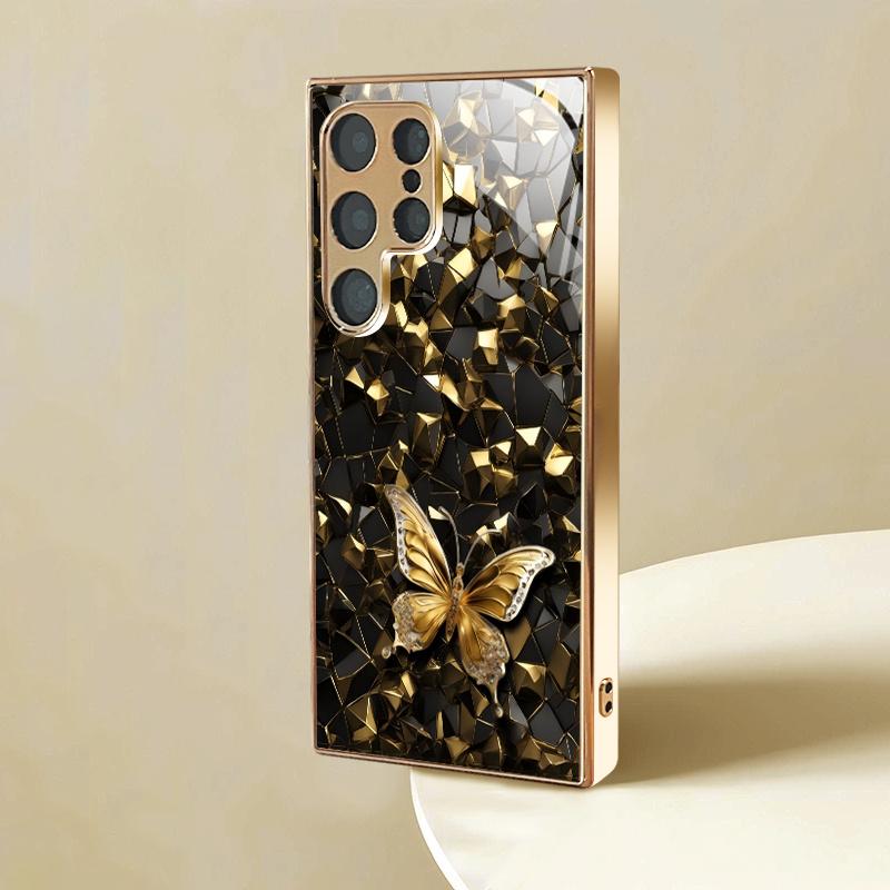 Gold-plated tempered glass phone case  compatible Galaxy S26 S25 S24 S23 S22 Ultra Plus. Elegant black gold design.