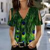 Damen V-Ausschnitt Cold Shoulder Bluse Regenbogen Abstrakt Schmetterling Ölgemälde Druck Kurzarm Top