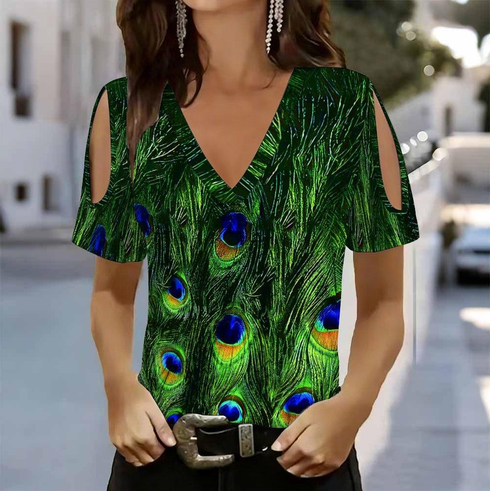 Damen V-Ausschnitt Cold Shoulder Bluse Regenbogen Abstrakt Schmetterling Ölgemälde Druck Kurzarm Top