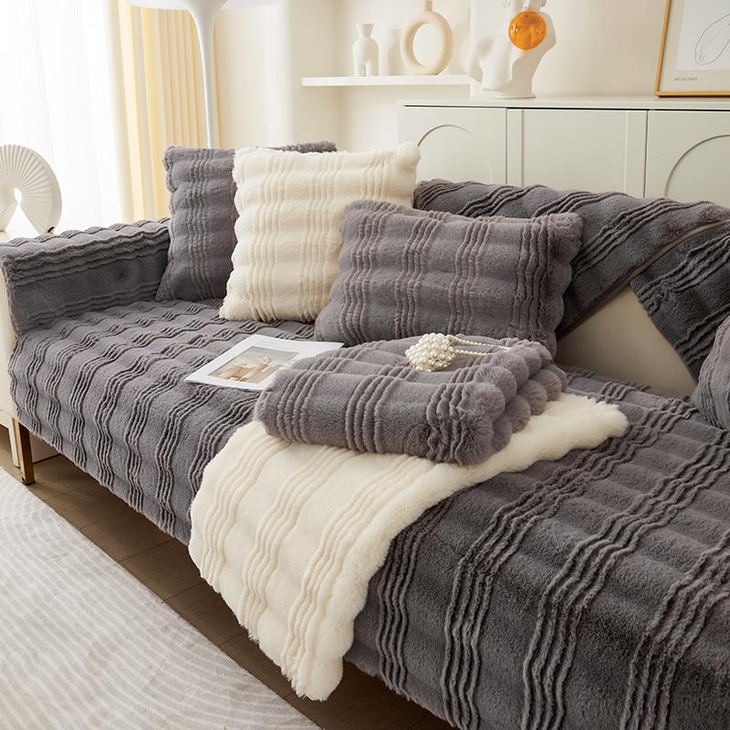 Thickened New Rabbit Plush Sofa Cushion Winter Thickened Seat Cushion Anti Slip and Warm Leather Sofa Cover Cover