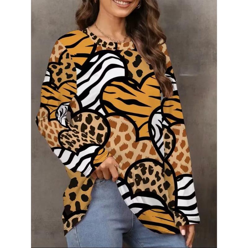 Damen Herbst und Winter 3D-Druck Rundhals Langarm T-Shirt Mode Vielseitig Trend Atmungsaktiv Lässig