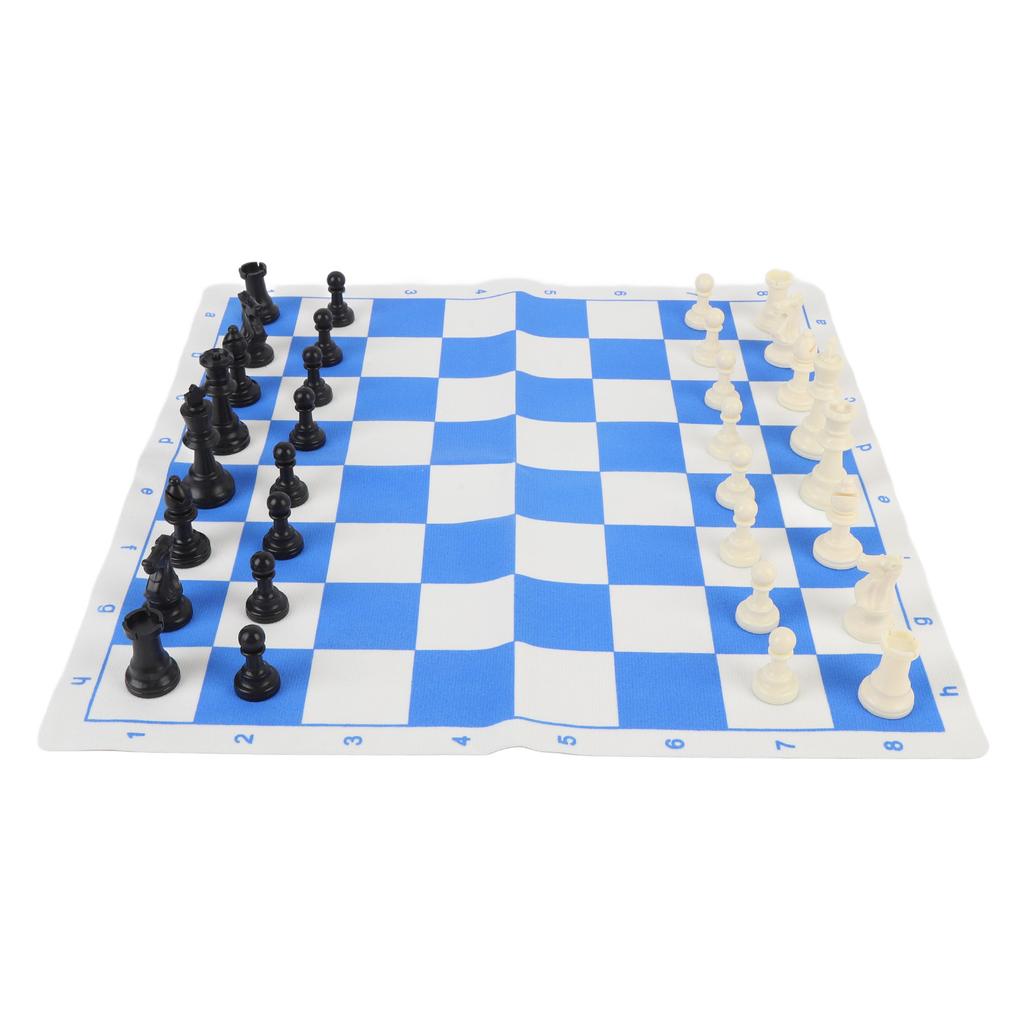 Chess Set with PU Blue White Chess Board 32pcs Plastic Chess Pieces Black Square Storage Bag Chess