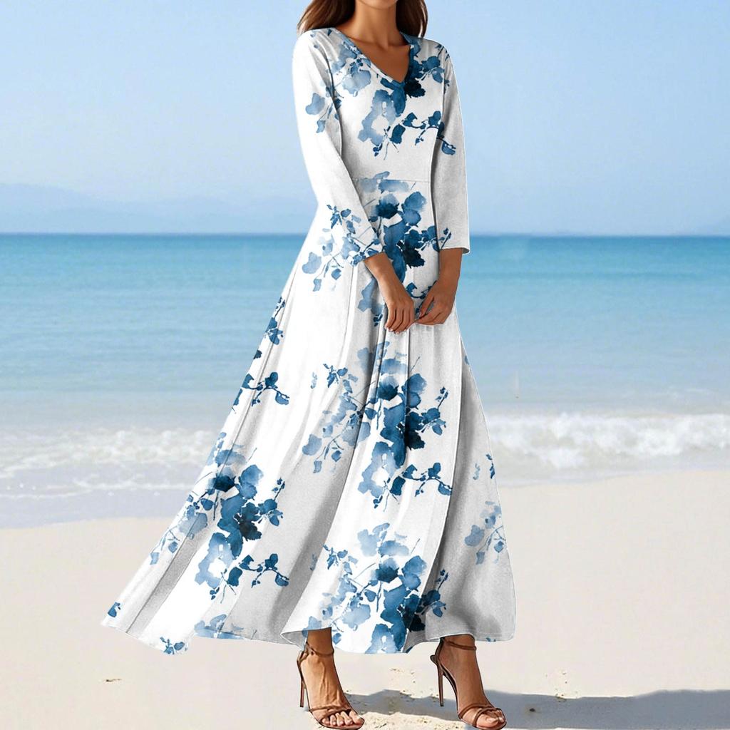 Women's Fashion V-Neck Floating Beach Dresses Seven Sleeve Floral Printed Dresses