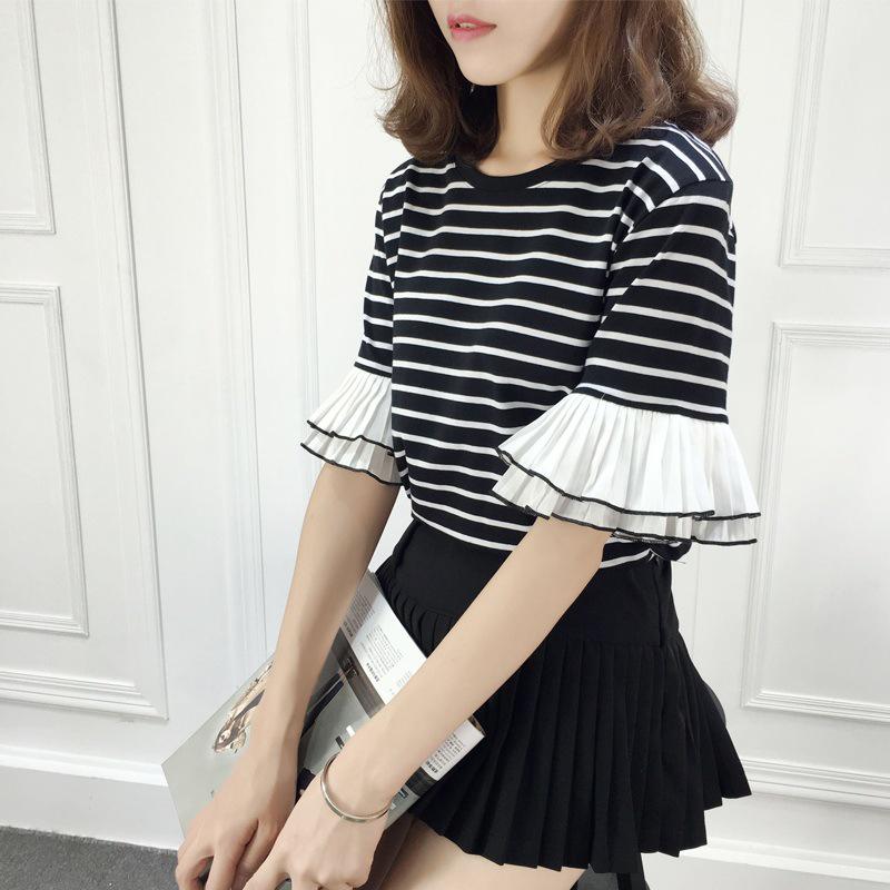 Stil coreean pentru femei, cu dungi de vară, cu mâneci cu volane, tricou casual