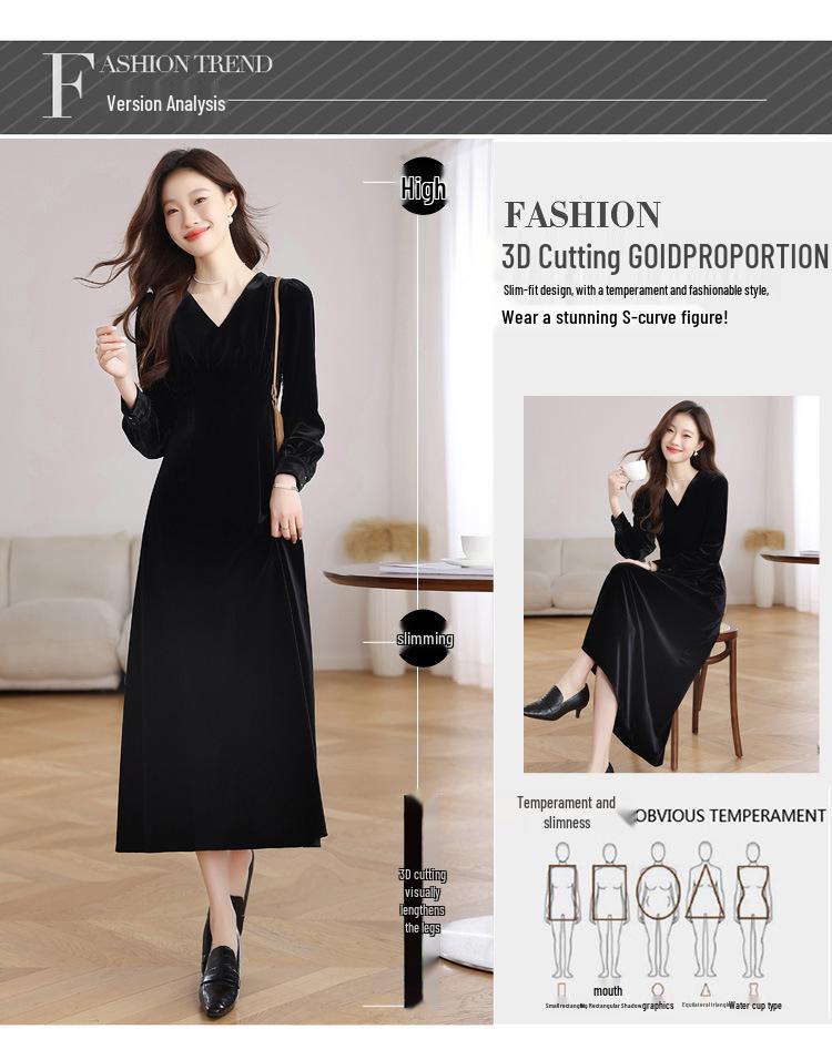 Genuine Velvet V-Neck Slim Long Dress for Women - French Chic Style