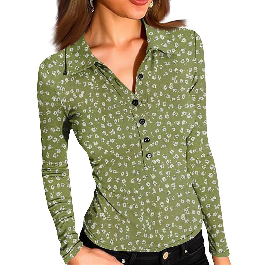 Women's Fashion Casual Printed V-Neck Long Sleeve Button-Down Top