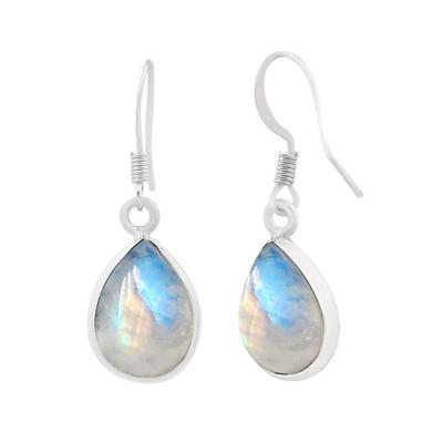 Regenbogen-Mondstein-Edelstein-Ohrring, Birnen-Cabochon-Ohrring, 925er Silber-Ohrhänger, handgefertigter Schmuck, Lünette-Ohrring