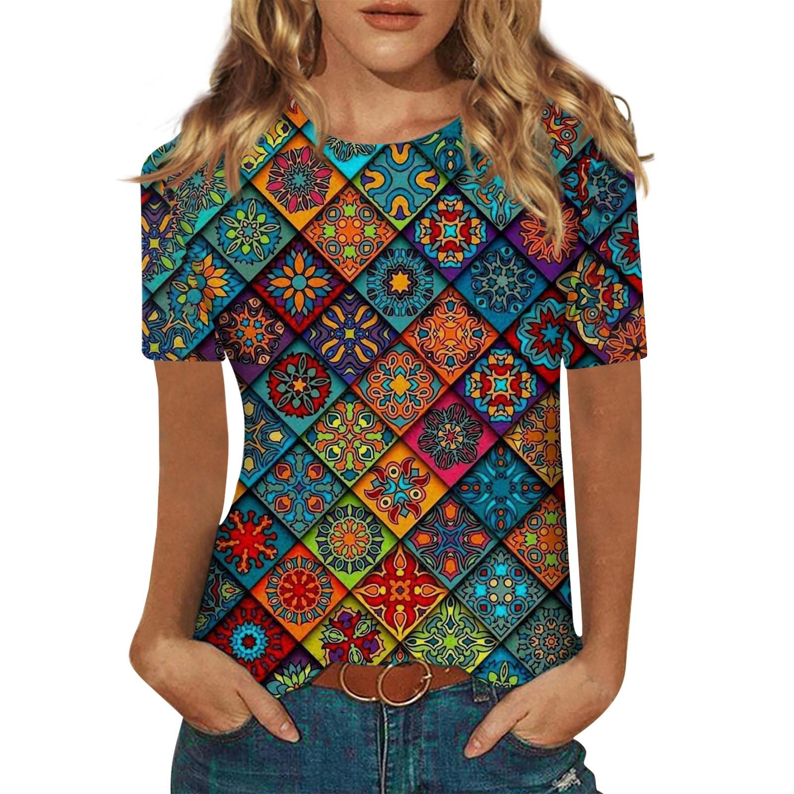 

Short Sleeve Shirts For Women Cute Print Graphic Tees Blouses Casual Plus Size Basic Tops Pullover S синій