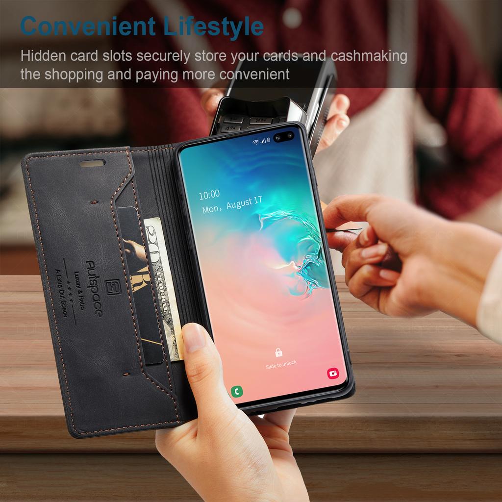 Premium Vintage Leather Wallet Case for Samsung Galaxy S10 / S10+ / S10 Plus - Flip Cover with Card Slots, Shockproof Retro Style (4 Colors)