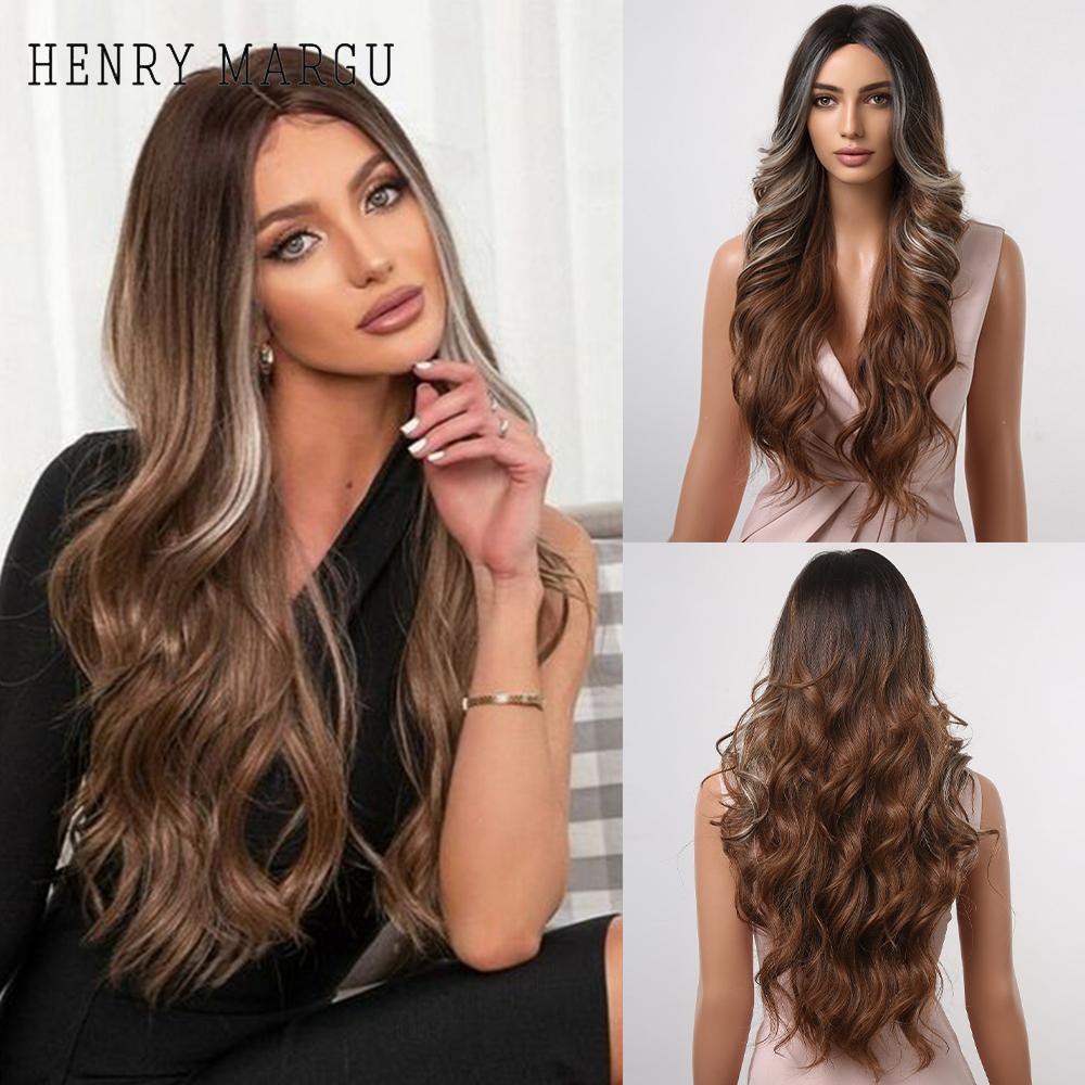 HENRY MARGU Dlouhá střední část Vlnitá syntetická paruka pro ženy Ombre Šedá Světle popelavá Blond Paruky Tmavé kořeny Umělé vlasy při vysoké teplotě