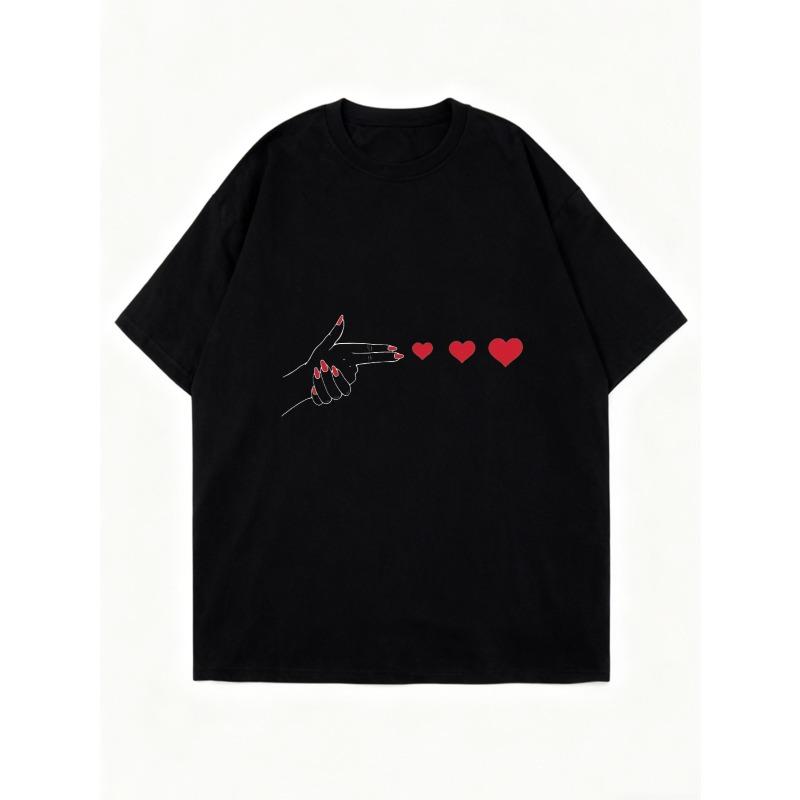 Oversized T Shirt Black Hand Pointing Heart Print Casual Everyday Wear