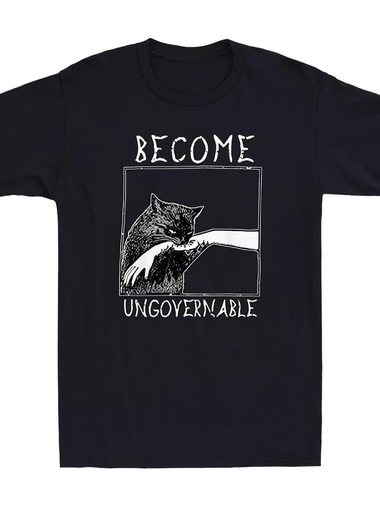 Become Ungovernable Funny Black Cat Meme T-Shirt for Men - Vintage White Text & narchist Symbol Desi