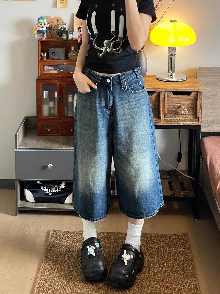 

Американские ретро джинсовые шорты с завышенной талией и эффектом потертости - Выбеленный голубой, Свободный облегающий крой, Женские шорты средней длины, Летний стиль. Large