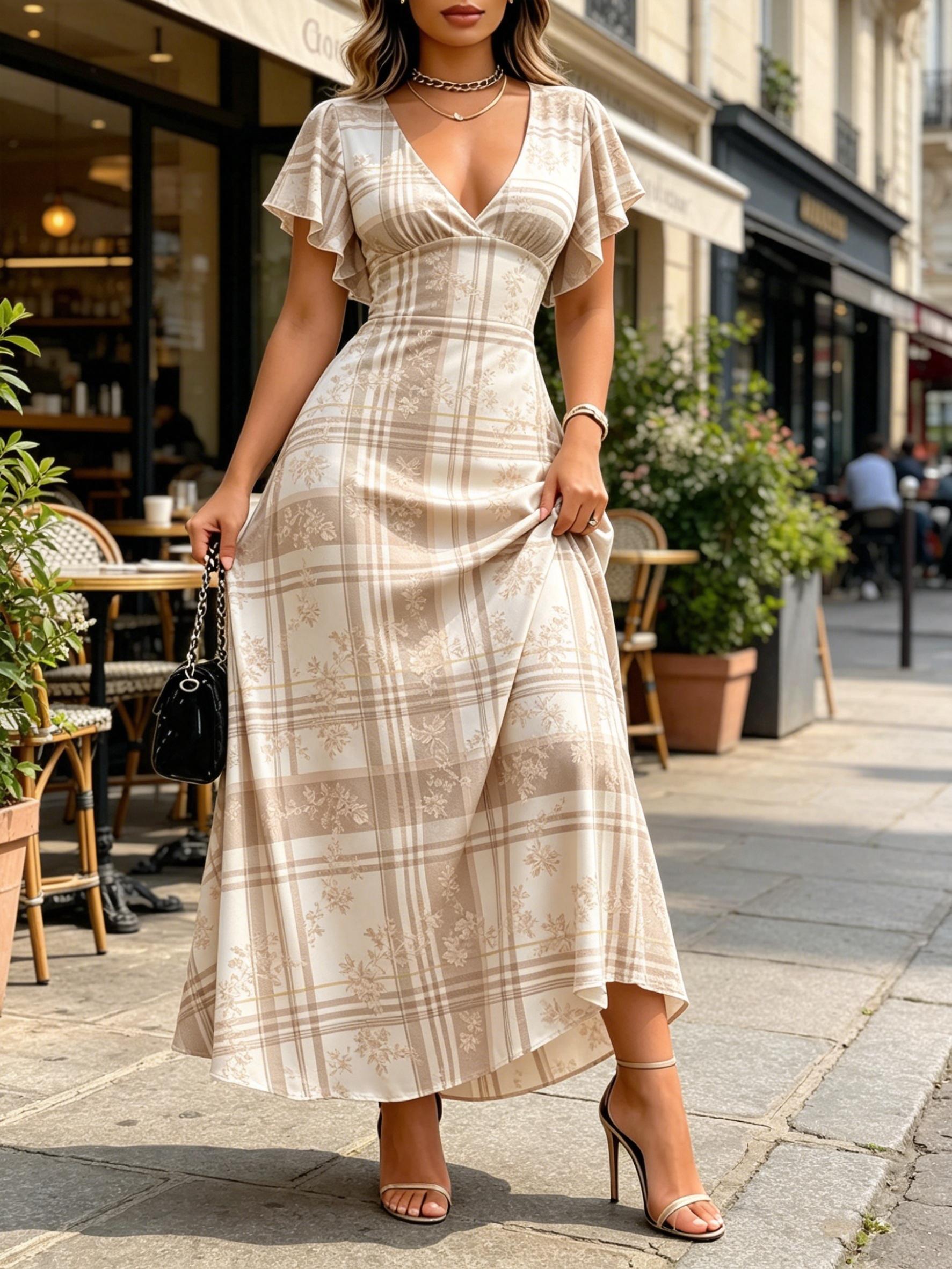 Women Plaid Print Maxi Dress V Neck Flutter Sleeve Summer Casual Party Beach Dress XS