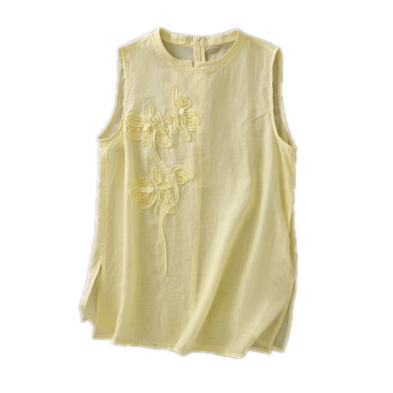 European-Style Floral Embroidered Cotton Linen Sleeveless Top for Women