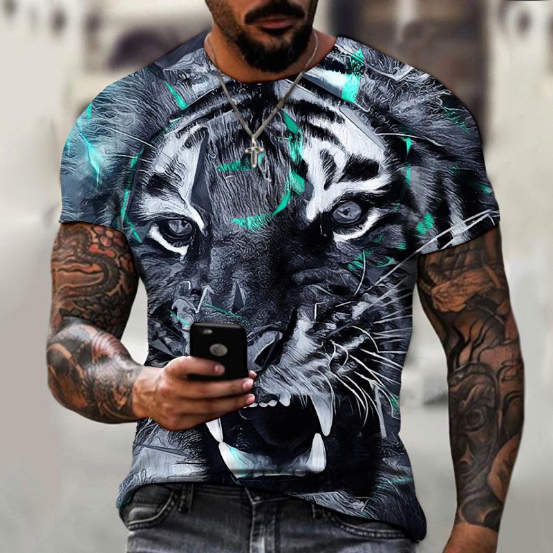 Summer Round Neck 3D Tiger Print Top Fashionable Casual Short Sleeved Men's T-shirts