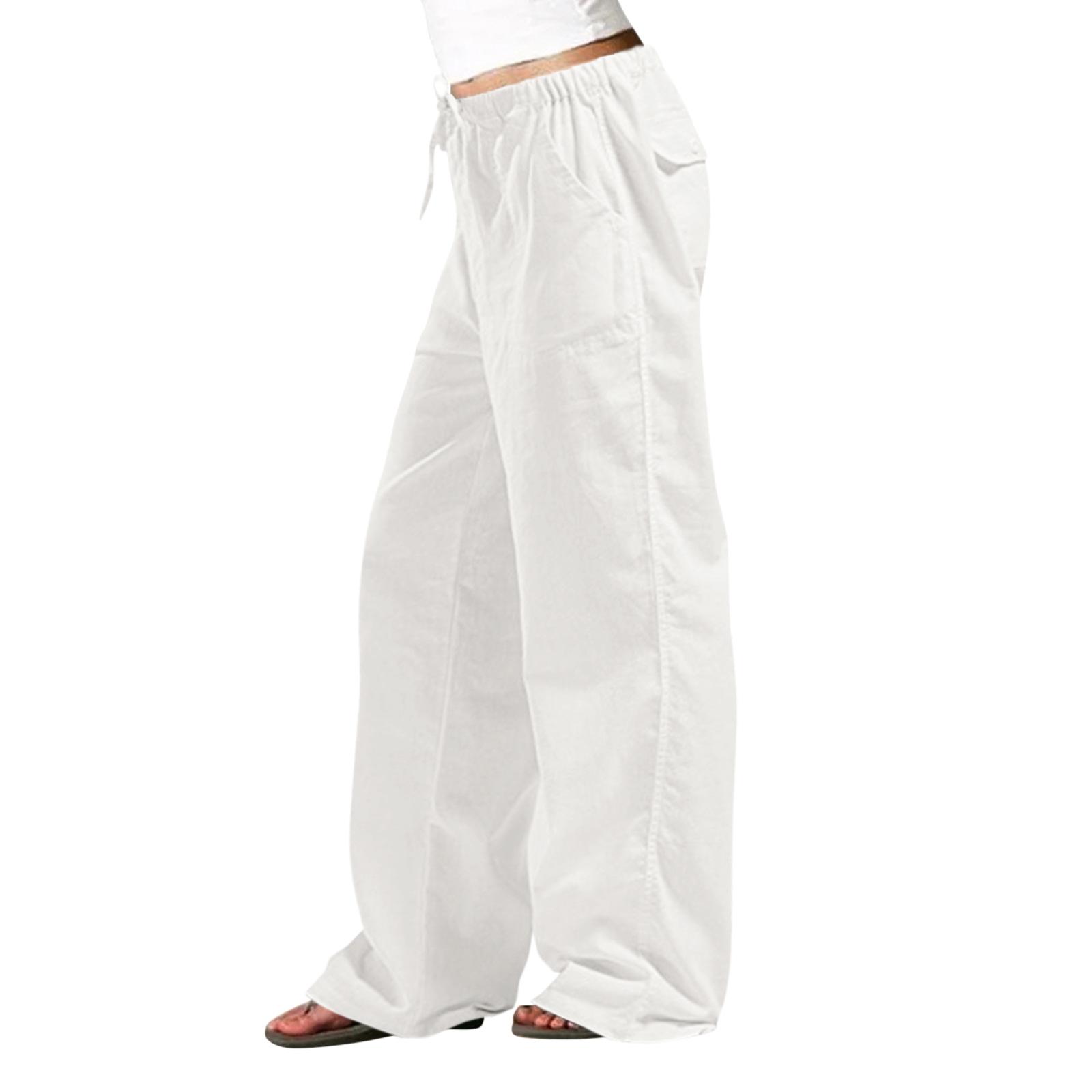 Women s Mid Rise Wide Leg Pants Loose Fit Linen Blend Casual Trousers Commuter Style Solid Color Summer Daily Pocket Bottoms S